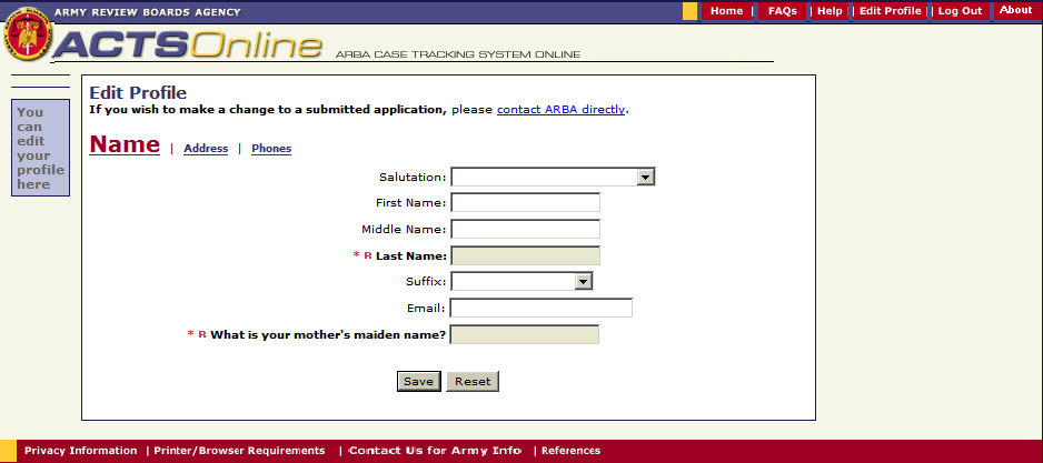 ACTS Online Edit Profile Page